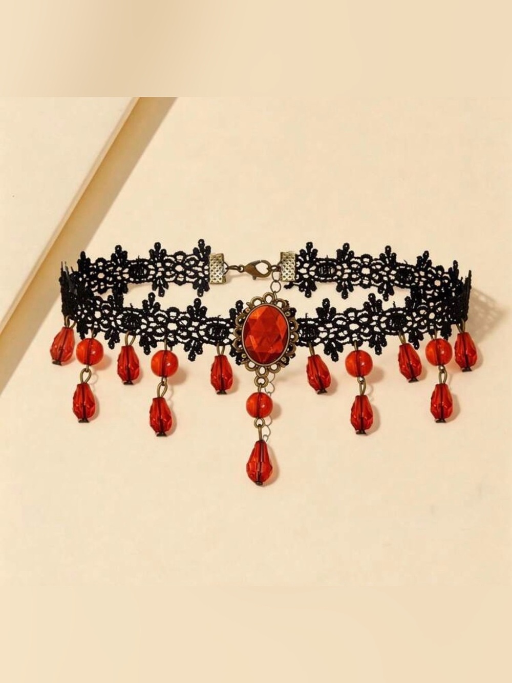 Victorian Black Lace Choker Necklace with Red Gem Accents